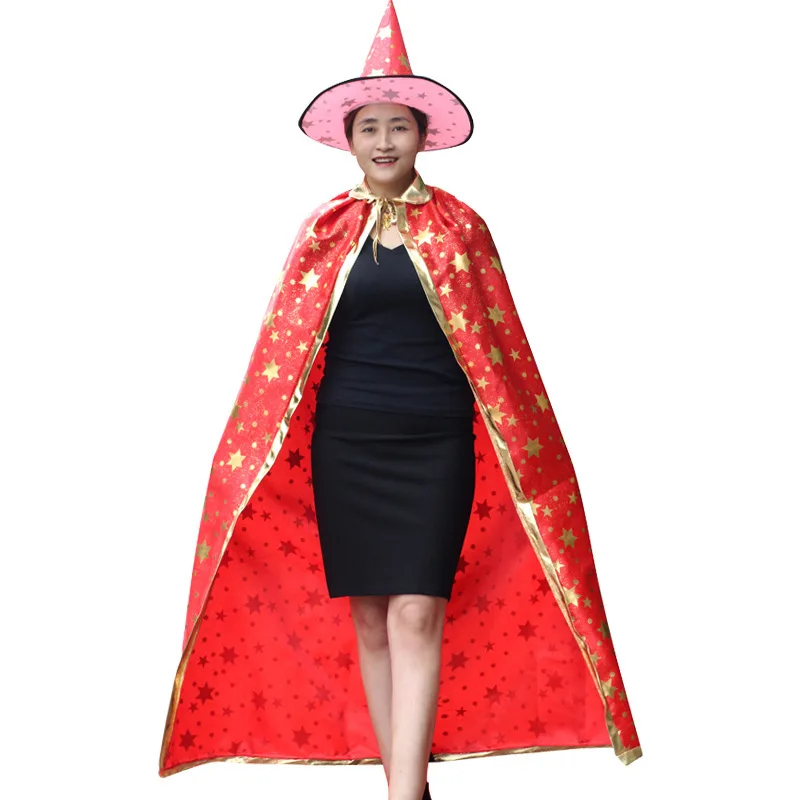 2pcs Adult Magician Cape Cloak With Matching Hat Halloween Wizard Costume Haunted House Bar Cosplay Stage Shooting Outfit Supply