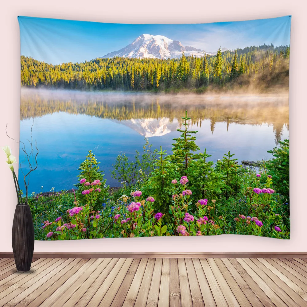 Tapestry Mountains Lake Reflection Scenery Nature Parks Outdoor Pine Tree Flowers Wall Hanging Tapestries for Bedroom Dorm Decor