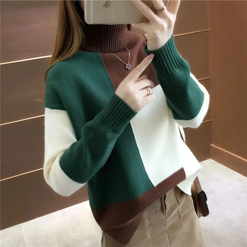 Women's Sweater 2023 New Autumn Winter Color Blocking Loose Sweaters Long Sleeve Turtleneck Jumper Soft Warm Pull Femme