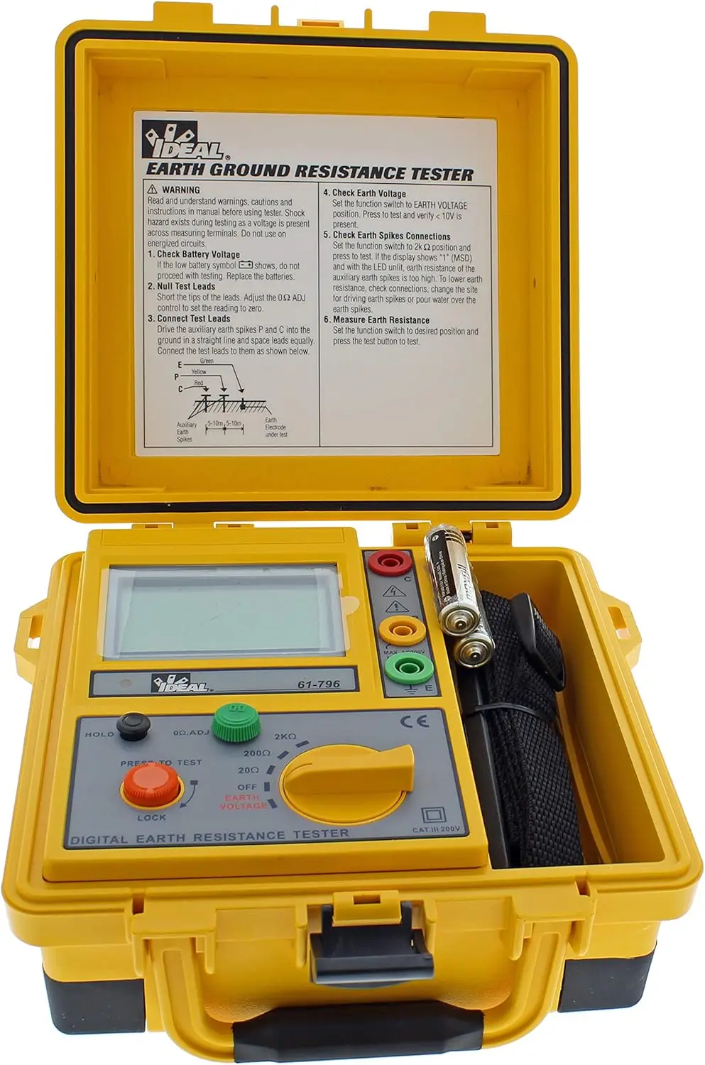 61-796 Earth Ground Resistance Tester, 3-Pole, Carrying Case Included,Yellow,Green,Red