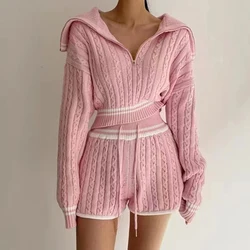 korean 2 Piece Sets Womens Outfits Fashion zipper Short tops Knitted sweater and shorts two piece set Women sexy club pink suits