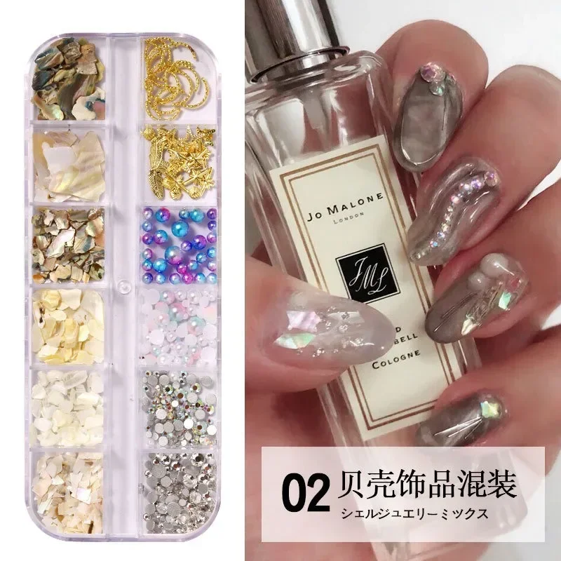 Mixed Shell Piece Jewelry Box, Fragmentado Shell Set, Rede de Unhas Japonês Vermelho, Mesma, 12 Cores, Atacado