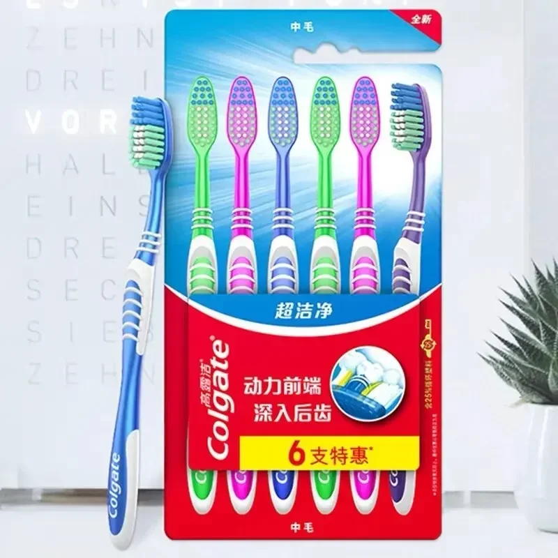 Colgate 6 Pack Toothbrush Set, Random Colors - Fine Soft Medium Bristles, Travel & Home Use, Back Tooth Clean for Men Women Fami
