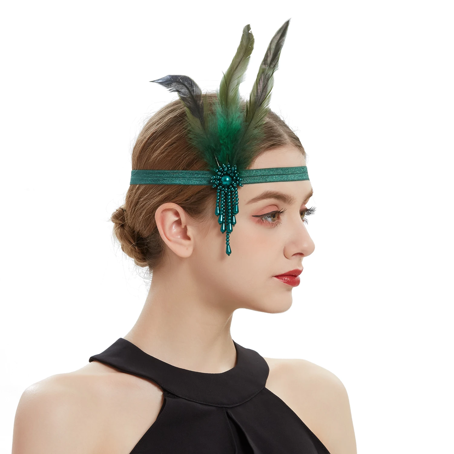 Diadema de plumas estilo Flapper para mujer de los años 20, accesorios para el cabello, accesorios para Cosplay, banda para el cabello con lentejuelas y cuentas de diamantes de imitación, sombrerería de fiesta Vintage Gatsby