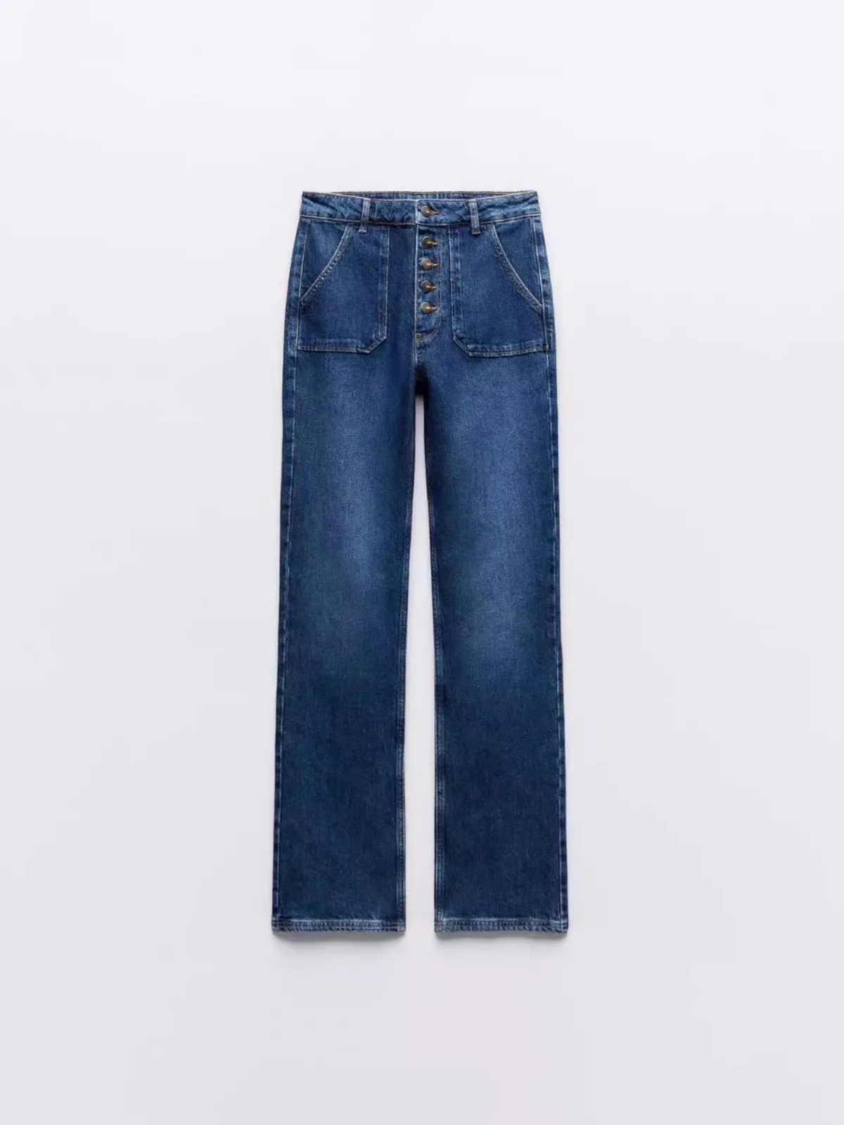 High Waist Bell Bot Denim Jeans for Women Spring 2024 Button Decorated Straight Leg Long Trousers Slimming Effect