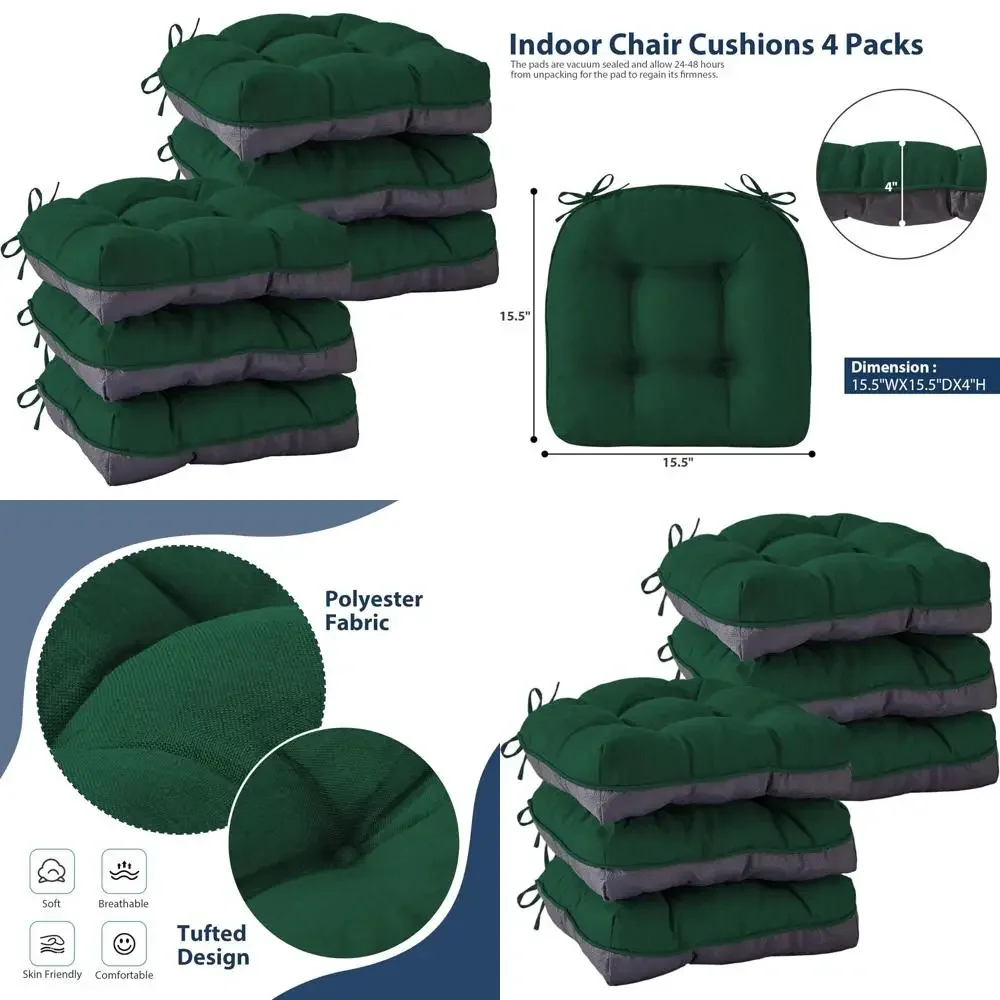 

Набор из 6 темно-зеленых подушек для обеденных стульев, 15,5 x 15,5 x 4 дюйма, стеганые пенопластовые подушки с завязками для кухонных стульев.