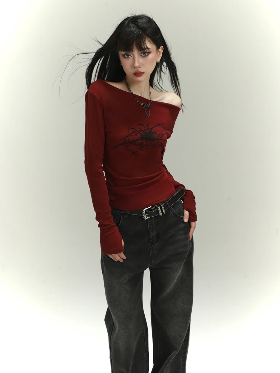 

Ghost Girl Red One oulder Concert Spicy Girl Street Sle Long Sve T-irt High Waist Print Women's Faion Cotton Blend