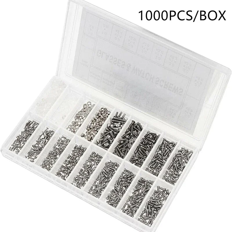 Juego de tornillos para gafas, soporte para la nariz, lente, tuerca para pierna, gafas sin marco, accesorios de tapa espaciadora, caja de juego de tornillos de especificación 18 en 1