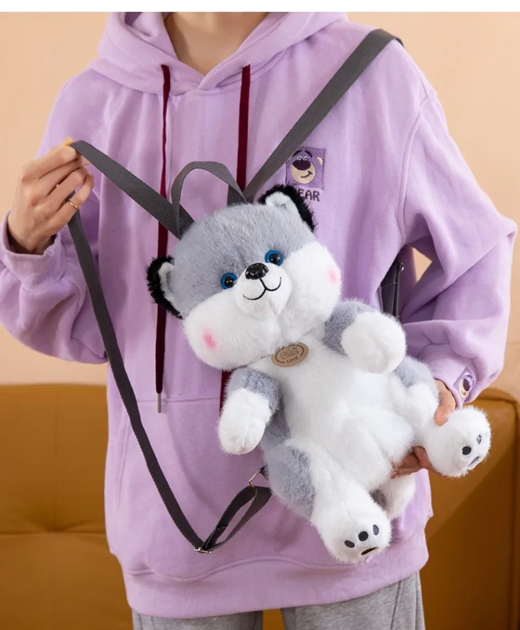 Cute Cartoon Husky Plush Backpack Casual Travel Doll Double Shoulder Bag Neutral Gender Animal Pattern Polyester Lining 1