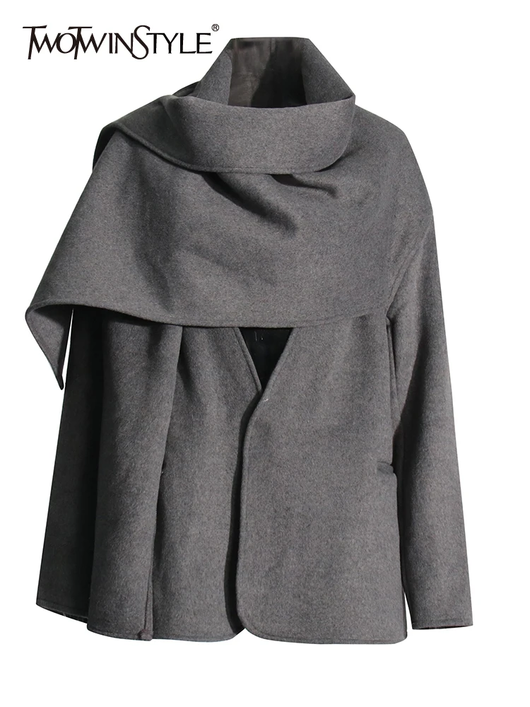 

TWOTWINSTYLE Solid Casual Patchwork Pocket Coat For Women Scarf Collar Long Sleeve Spliced Button Minimalist Coats Female New