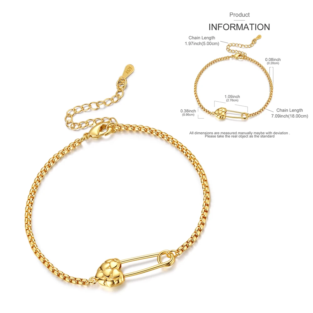 Shiny 925 Sterling Silver Golden Love Pin Bracelet Personalized DIY Basic Chain Jewelry Accessories for Women