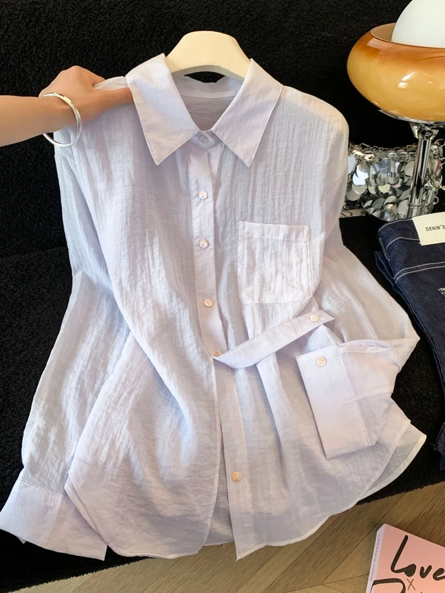 

Летняя тонкая женская рубашка из льняной ткани с эффектом ледяного шелка, легкий кардиган в корейском стиле, защита от солнца, светло-фиолетовый, высококачественный, с драпировкой, для повседневной носки