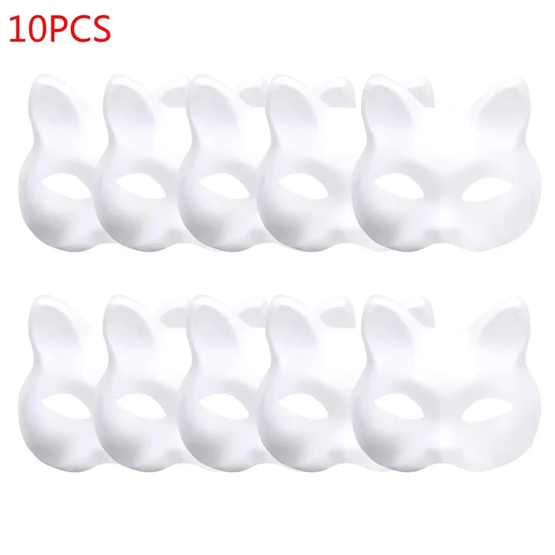ABJI-Halloween-Maske, 10 Stück, Therian-Masken, weiße Katzenmasken, blanko, DIY-Tier-halbe Gesichtsmasken, Maskerade, Cosplay, Party