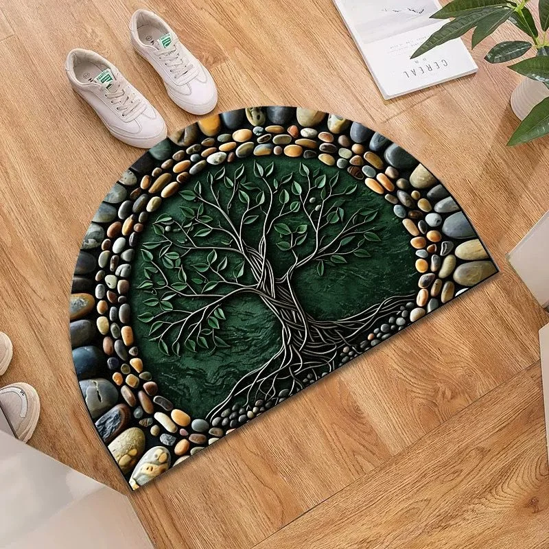 VIKAMA Tree of Life Bath Mat, Green Celtic Design Semi-Circle Pebble Border Shower Rug