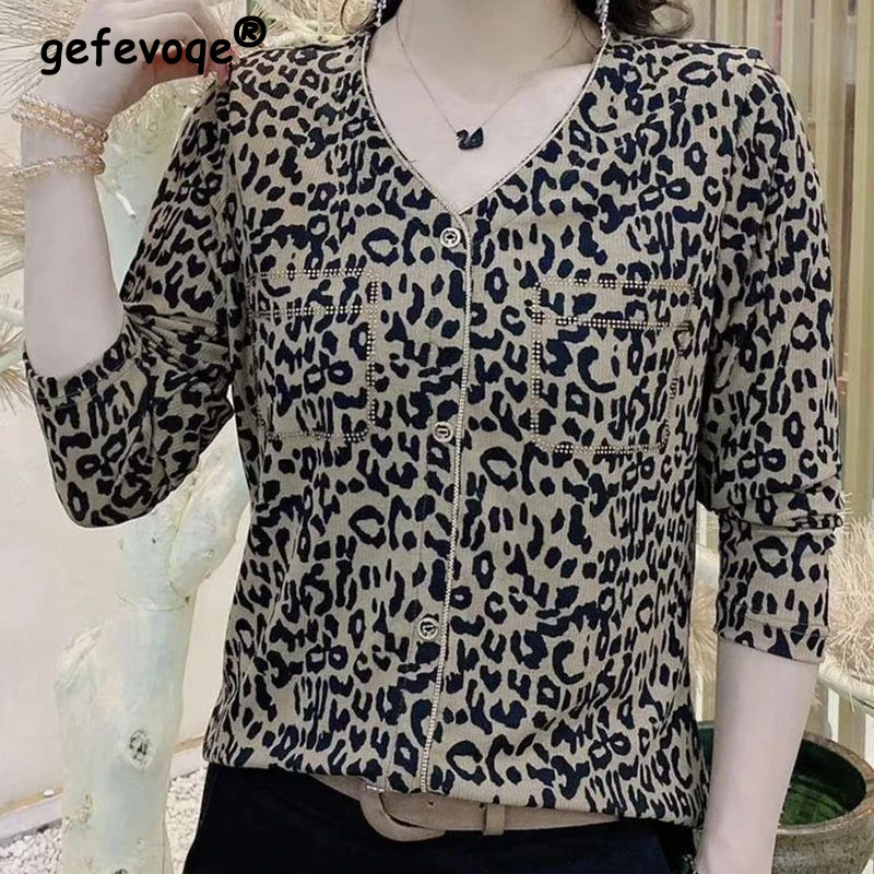 Women\'s Clothing 2023 Autumn Winter Ruched Sexy V Neck Beaded Slim Basic T-shirts Elegant Fashion Leopard Print Long Sleeve Tops