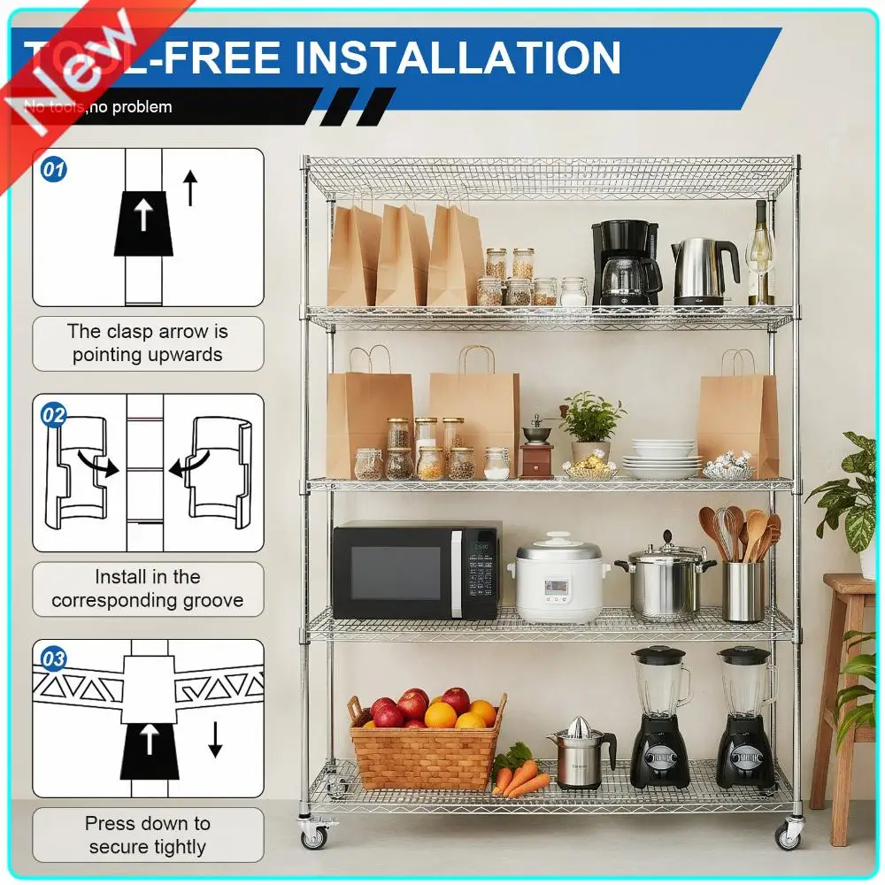 

5 Tier Rolling Storage Shelf with Wheels & Shelf Liner 1518x609x2000mm​ 7500lbs Capacity for Warehouses Closets Kitchen