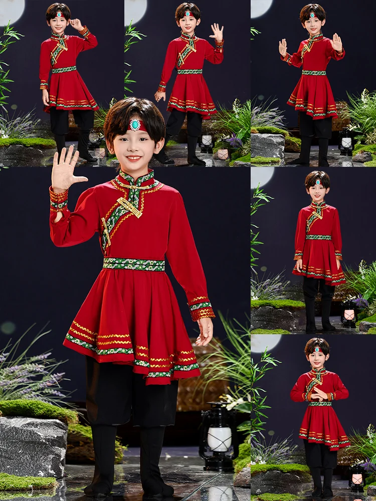 

Mongolian Ethnic Children's Dance Performance Clothes White assland Boy's Traditional Costume Polyester Fiber