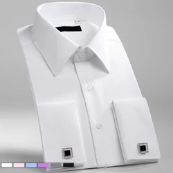 French Cuff Cufflinks Solid Color Long Sleeve Shirt Men Business Party Fashion High Quality Luxury Men's Dress Shirts