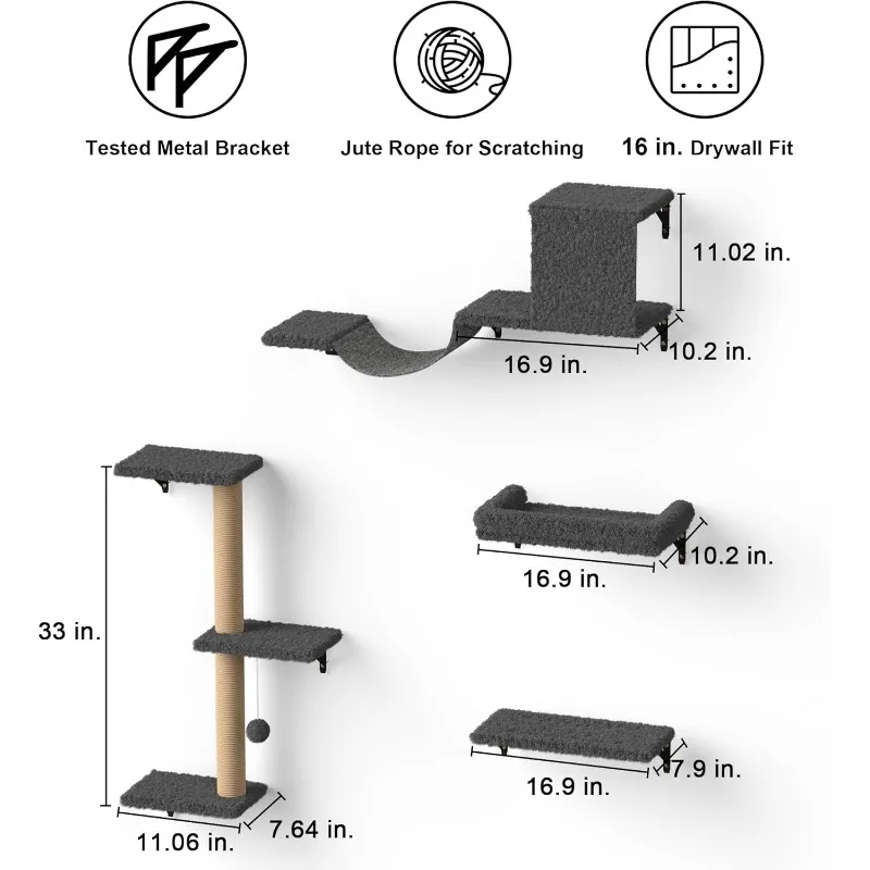 Cat Wall Shelf, Stable and Safe 4 in 1 Large Cat Wall Furniture Set, Wooden Cat Climbing Wall with Scratching Post