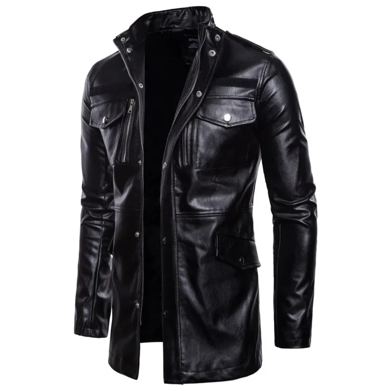 

2023 Autumn New Men's Mid Length Standing Neck Pocket Motorcycle Leather Jacket