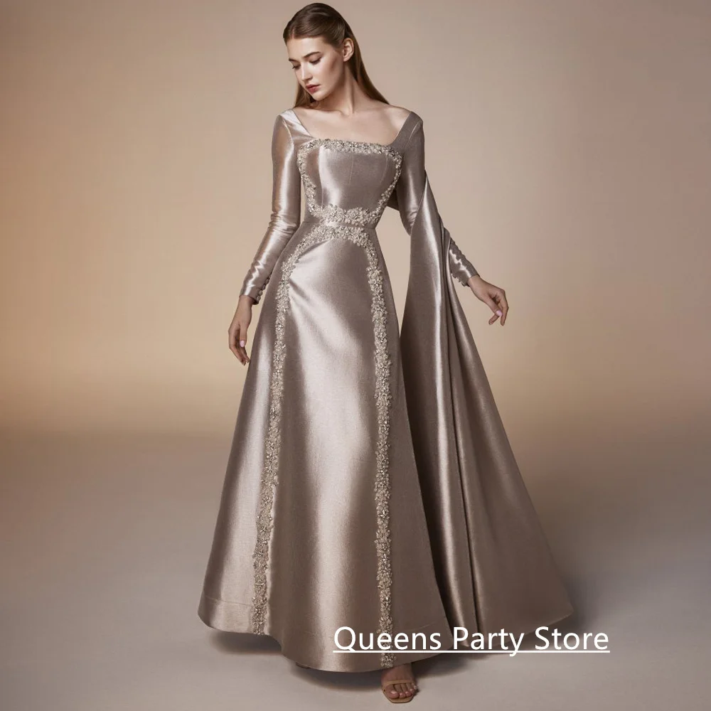 Fashion Arabian Evening Dress Customized Square Neck Long Sleeves Beading Crystal A Line Satin Wedding Party Gown Prom Dresses