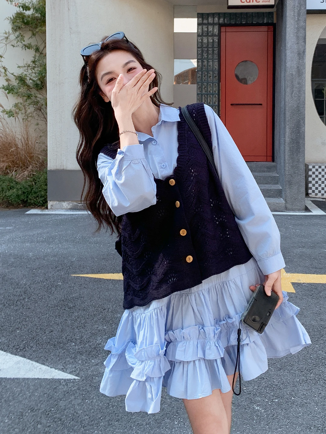 

Синий вязаный комплект из жилета и платья-рубашки Salt And Sweet для женщин: весенне-осенний стиль, многослойный комплект из двух предметов, с высокой талией, прямого кроя