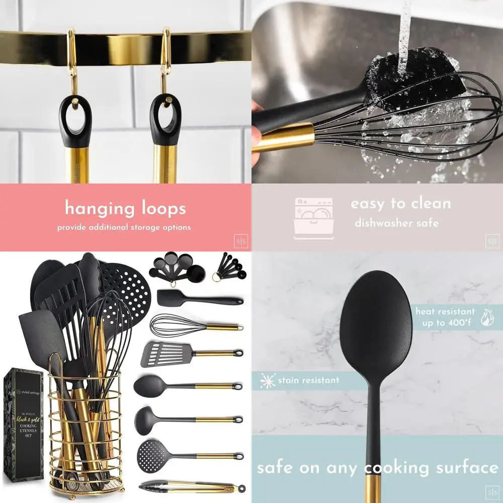 

Набор кухонной утвари черного и золотого цвета из 18 предметов с держателем из нержавеющей стали, нейлоновыми кухонными принадлежностями и мерными чашками и ложками для Baki