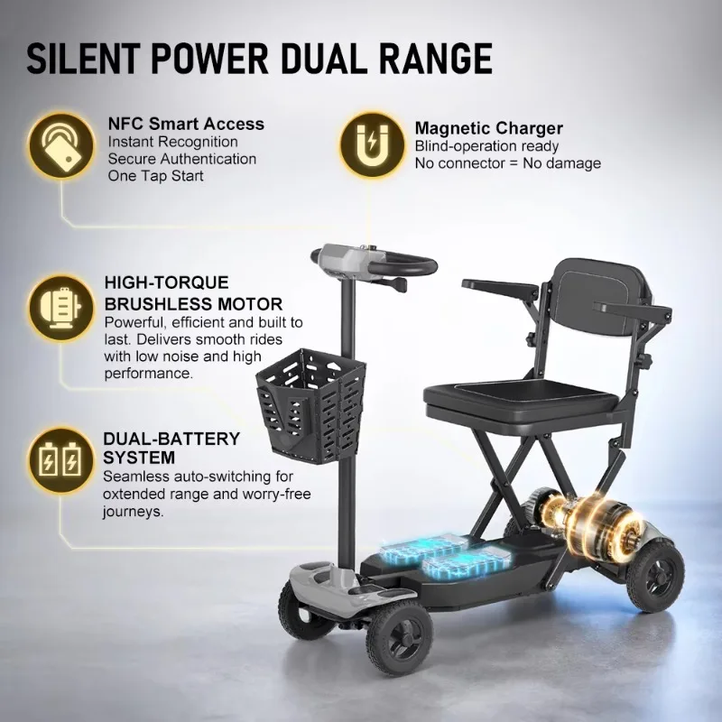 Magnetic Charging Folding Mobility Scooter 15kg Magnesium Alloy Electric Scooter Dual Battery with Separate Battery Display