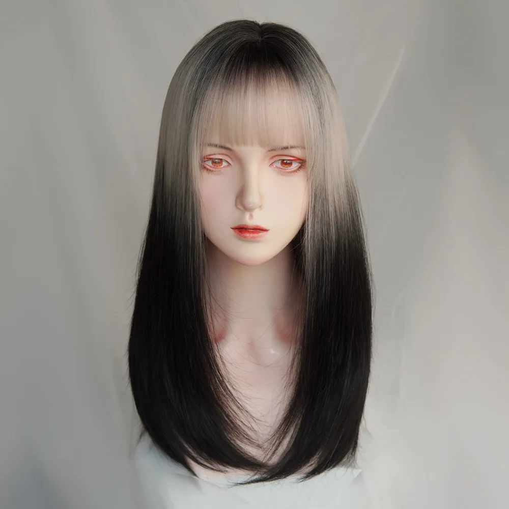 

Gray and white gold gradual change black wig Paris painting dye hair tail dye burst top dye European beautiful woman subculture