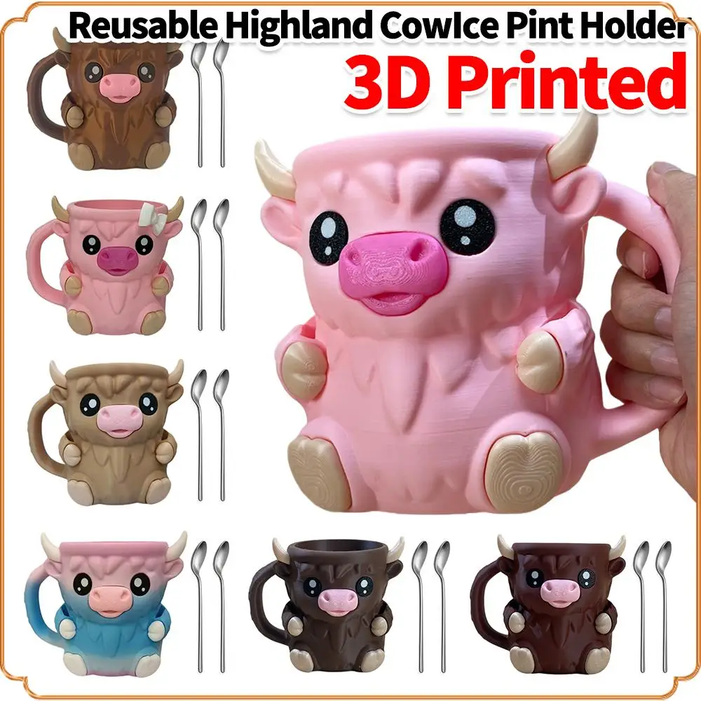 

Многоразовый держатель для пинтов для хайлендской коровы с выдвижным ящиком для закусок и ручкой Контейнеры для пинтов для мороженого с 3D-принтом Highland Cow Идеальные подарки