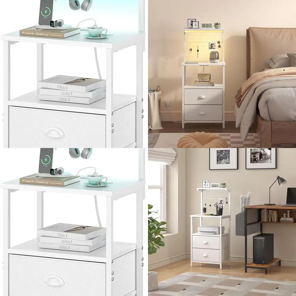 

White Tall Nightstand with Charging, LED, Fabric Drawers, Hooks, USB Ports, and Open Shelves for Bedroom or Office