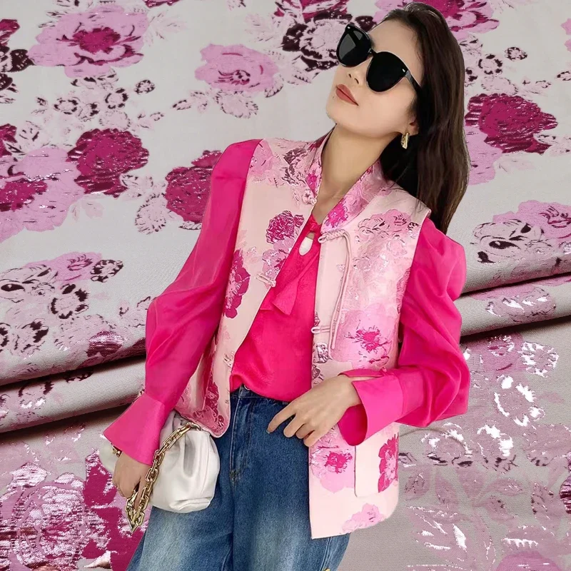 

Rose Pink Metal Wire Vest Fabric for Sewing Windbreaker Brocade Traditional Chinese Garments Design Cloth Polyester Material