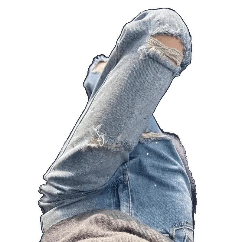 جينز نسائي بتصميم أمريكي مزين بأحجار الراين الثقيلة ومظهر ممزق لخريف وشتاء 2025، فريد بقصة واسعة وساقين طويلة، وصول جديد