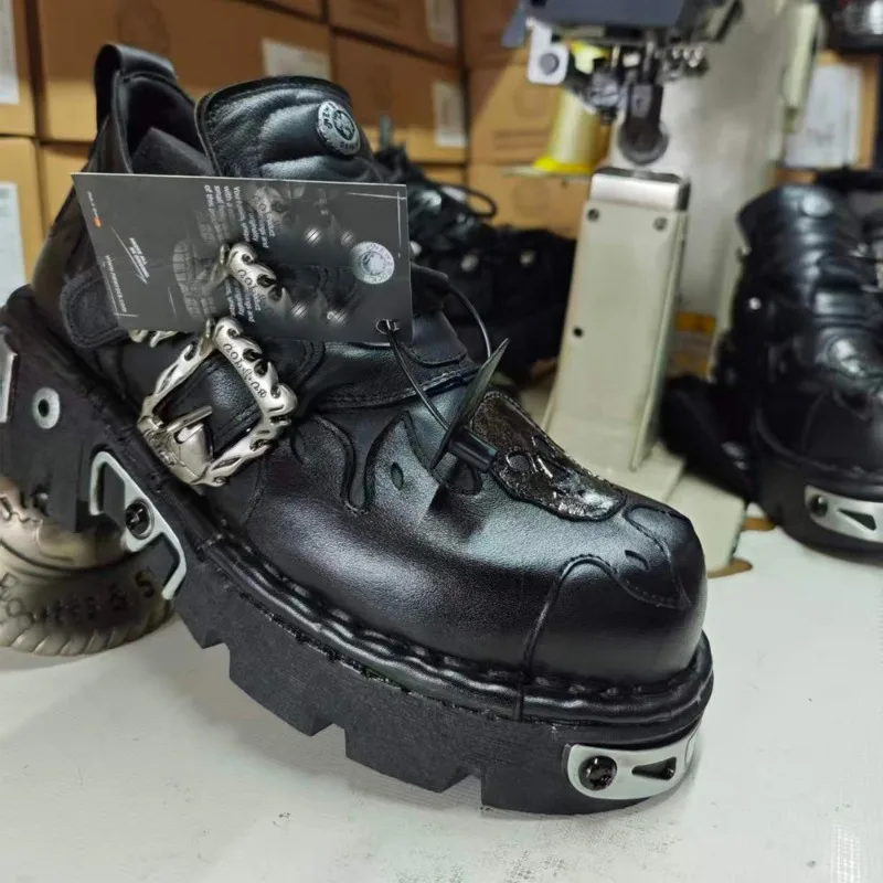 

Fashion New Men Genuine Leather Motorcycle Boots Skull Skeleton Goth Punk Metal Rock Boots Women Thick Heel Ankle Western Shoes