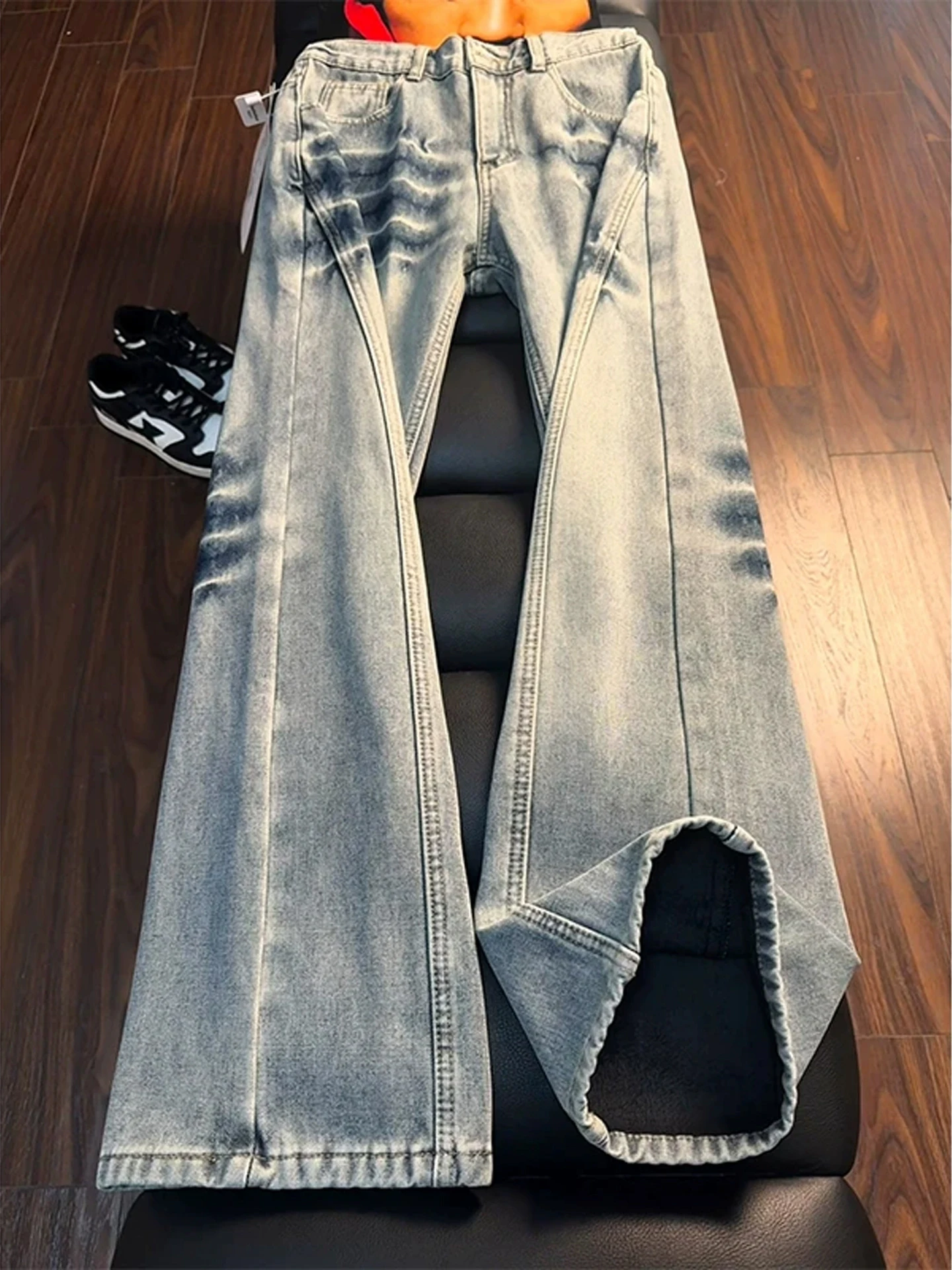 

Мужские зимние джинсы Waed Blue Lightning Pattern Bell Bot с начесом, приталенные, прямые, в американском стиле High Street