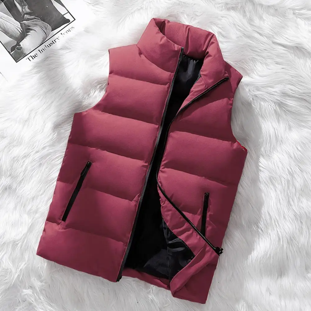Men Vest Coat Zipper Closure Stand Collar Sleeveless Thin Waistcoat With Pockets Solid Color Windproof Vest Outwear Sports Wear