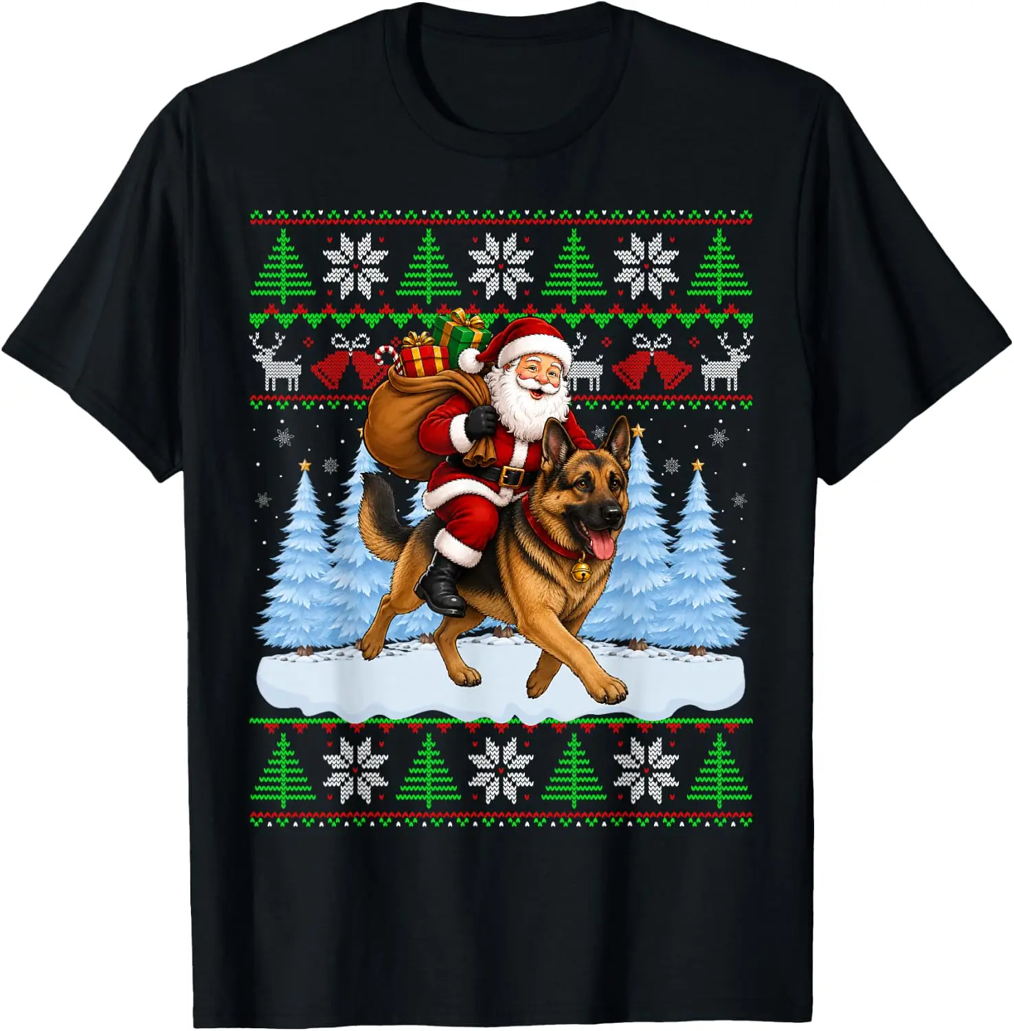 Ugly Xmas Funny Santa Riding German Shepherd Dog Christmas T-Shirt Men Women T-Shirt Funny  Christmas T-Shirt Xmas T-Shirt 100% Cotton Family Gift T-Shirt Vintage Cool