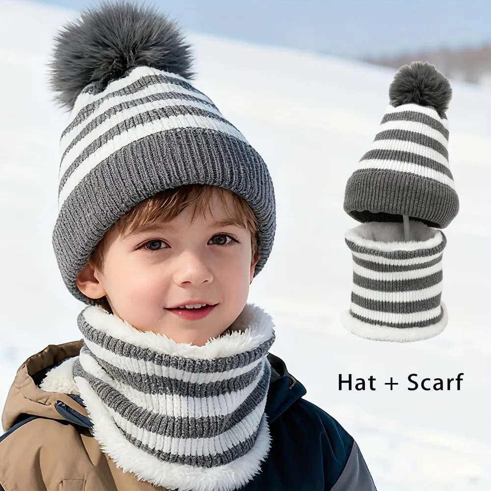 conjunto-de-2-pecas-gorro-de-malha-com-padrao-listrado-forrado-com-fleece-protecao-termica-com-pompom-e-abas-para-as-orelhas-e-cachecol-forrado-com-fleece-para-meninas