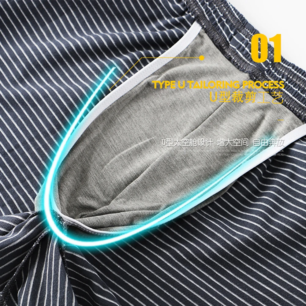 3PCS 100% Cotton Striped Pajama Pants Men\'s Summer Panties Breathable Big U-crotch Boxers Plus Size Loose High Elastic Underwear