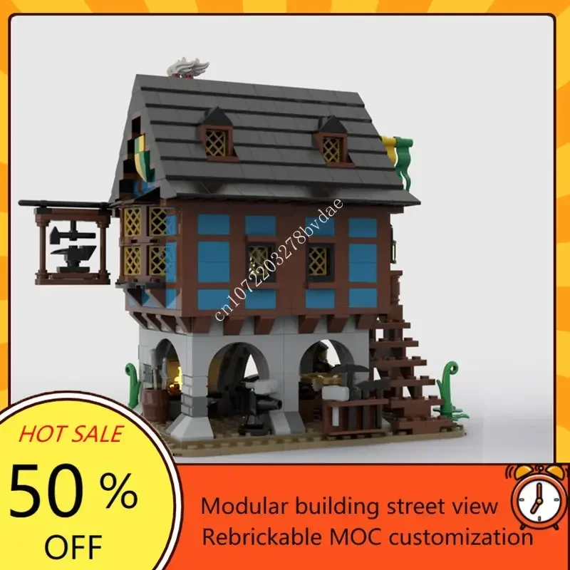 Medieval Alley Blacksmith Shop MOC Creative Architecture Castle Model Building Blocks Architecture Assembly Model Toys Gift