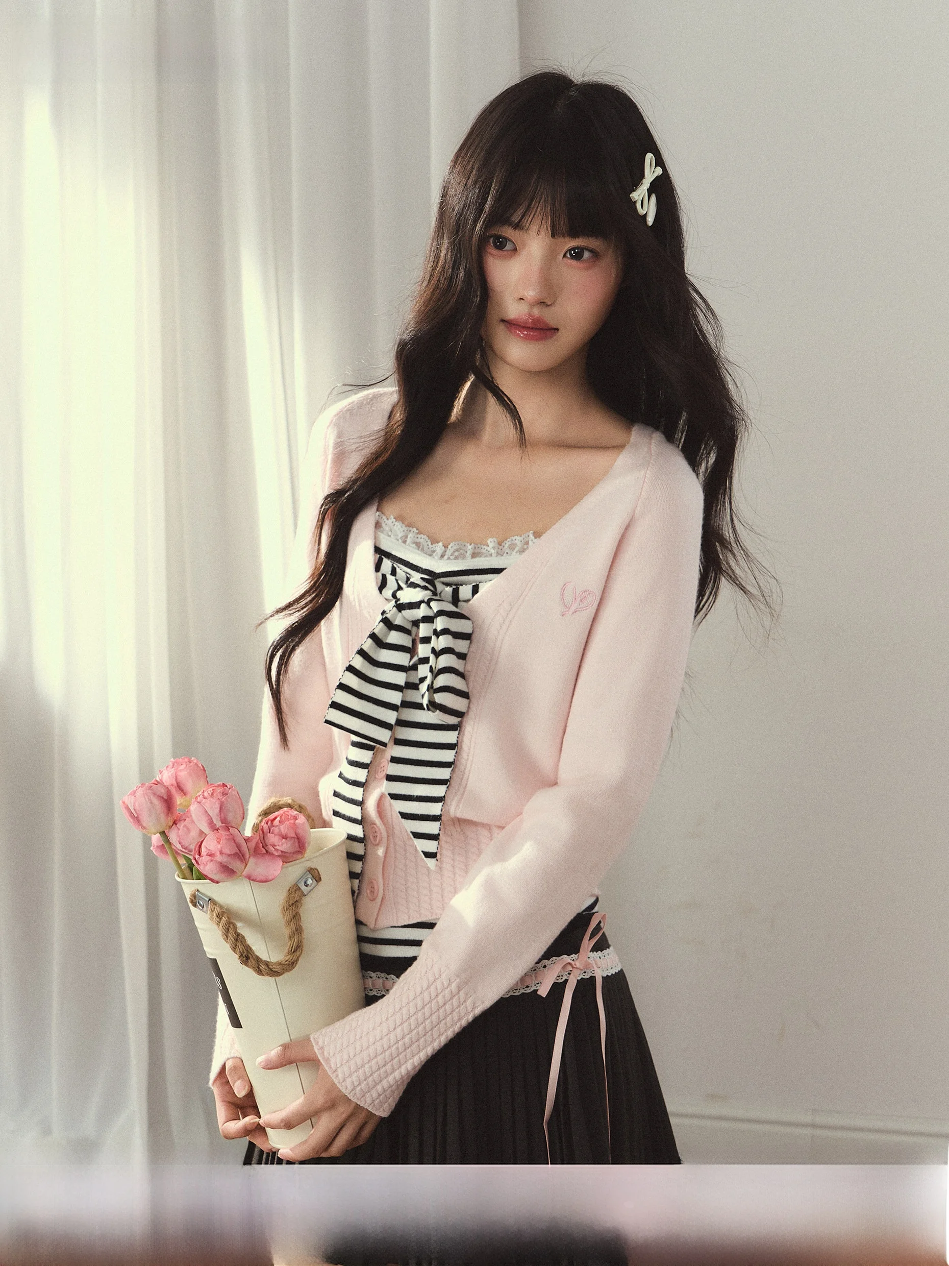 

Sweet Style Umoumo Women's Knitted Sweater Cardigan Waist Cinched V-Neck Long Sleeve Short Length Fashion Spring Casual Wear