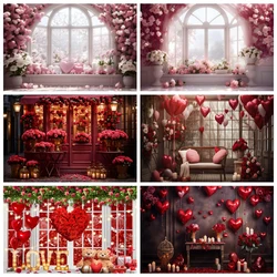 Valentine's Day Photography Backdrop Window Flower Red Love Heart February 14 Romantic Valentine Wedding Party Photo Background