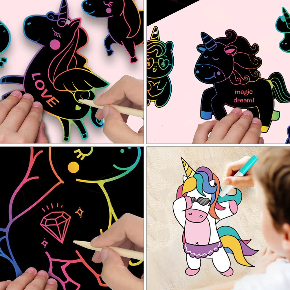 

2 Sets Unicorn Scratch Painting Toy Suite Paintings Cards Wooden Craft Child Party Favors Gift Paper