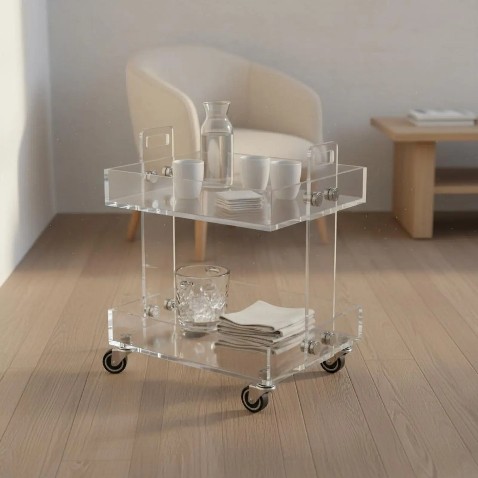 Acrylic Rolling Mobile Organizer Multi-Layer Mobile Storage Mobile Organizer Transparent Side Table Wheeled Mobile Nightstand