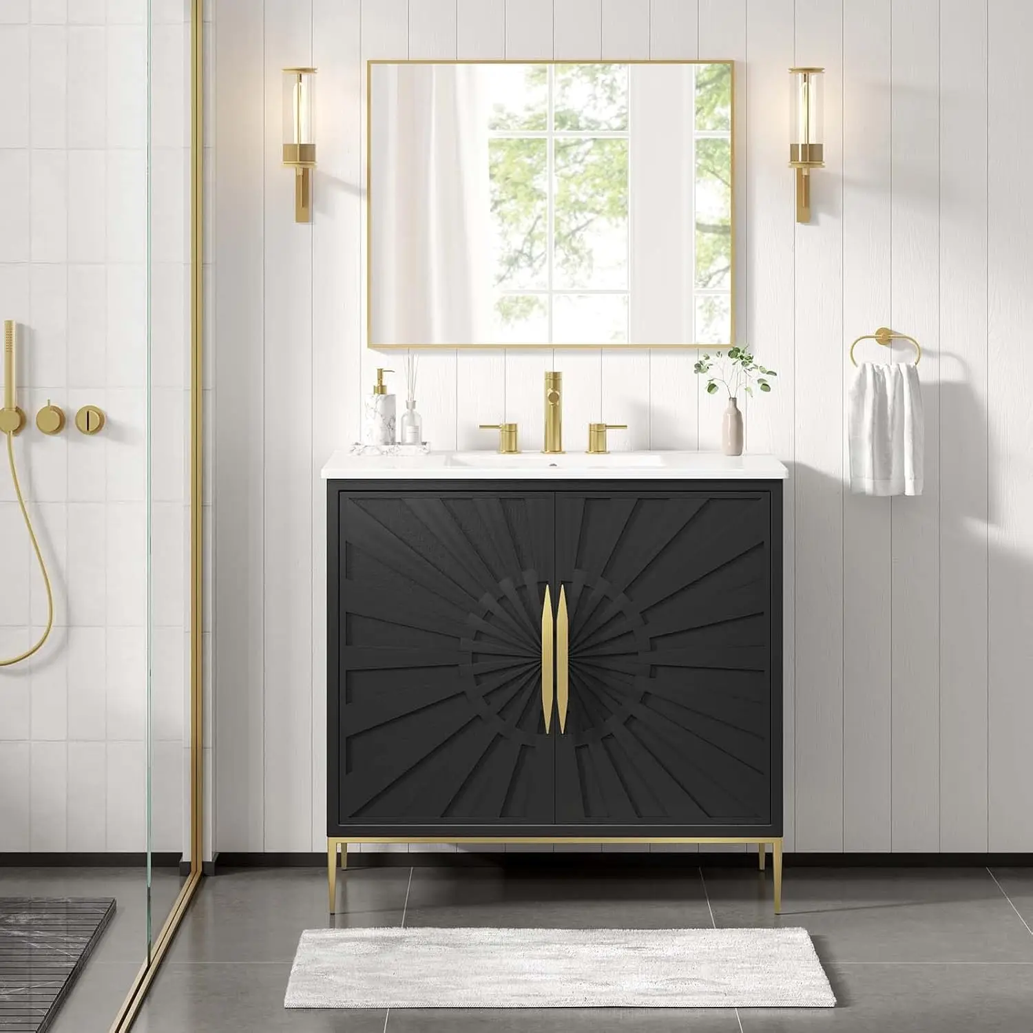 Mueble de tocador para baño, 30", blanco y negro, esta tocador está completo con lavabo de cerámica con encimera integrada y 8"