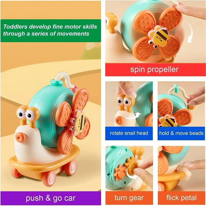 5 in 1 Baby Suction Cup Spinner for 0-12Month Snail Windmill Spinning Music Dining Table Infant Baby Fun Emotion Soothing Toy