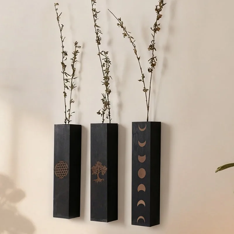 Elegant Black Wooden Wall Hanging Shelf with Botanical Print Plant Holder Decor for Living Room Bedroom Home Office Gift Idea