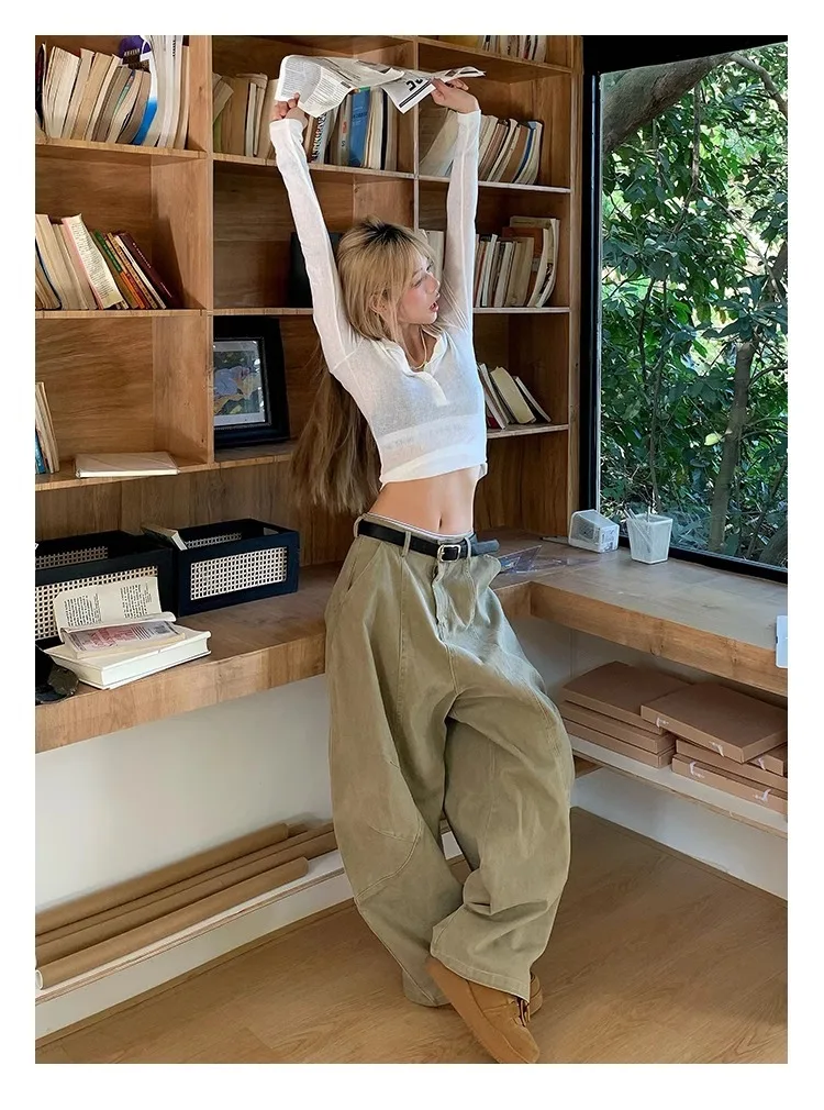 Pantalon Cargo taille haute pour femmes, Style américain rétro, jambes droites, ample, décontracté, jambes larges, longueur au sol