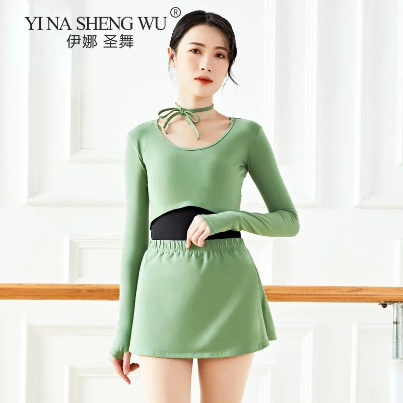 Adult Ballet Dance Dress Female Long Sleeve Gymnastic Clothing With Ballet Classical Dance Dress Black Skirt Side Split 5 Colors