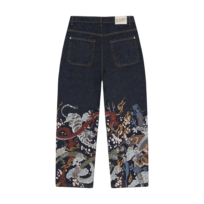 Y2K موضة الاتجاه الجينز التقليدية الصينية الأسطورية الوحوش التطريز عالية الخصر فضفاض الجينز الهيب هوب الرجال النساء الرجعية الشارع الشهير